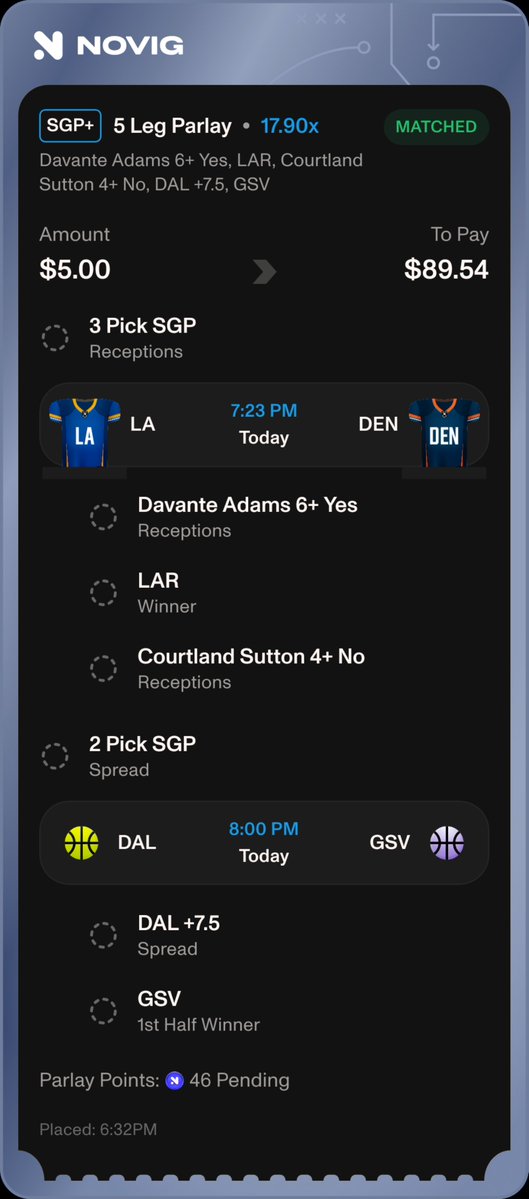bfordoubleb's tweet photo. @Novig Parlay for tonight 😎

I like my chances here on this 5 leg lotto.

Might be sweating Sutton tonight...

Thoughts? https://t.co/KPelMcPb7w