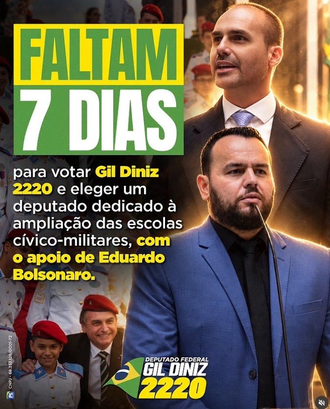 LeiteLuiz's tweet photo. BOLSONARISTA RAIZ, VOTA GIL DINIZ PARA DEPUTADO FEDERAL PELO ESTADO DE SÃO PAULO, 2220, 
Presidente: Flávio Bolsonaro 22;
Governador: Tarcísio 10;
Senadores: André do Prado 222 e Derrite 111;
Deputado Federal: Gil Diniz 2220 e Deputado Estadual Lucas Amaral 22120. https://t.co/JJHomz844B