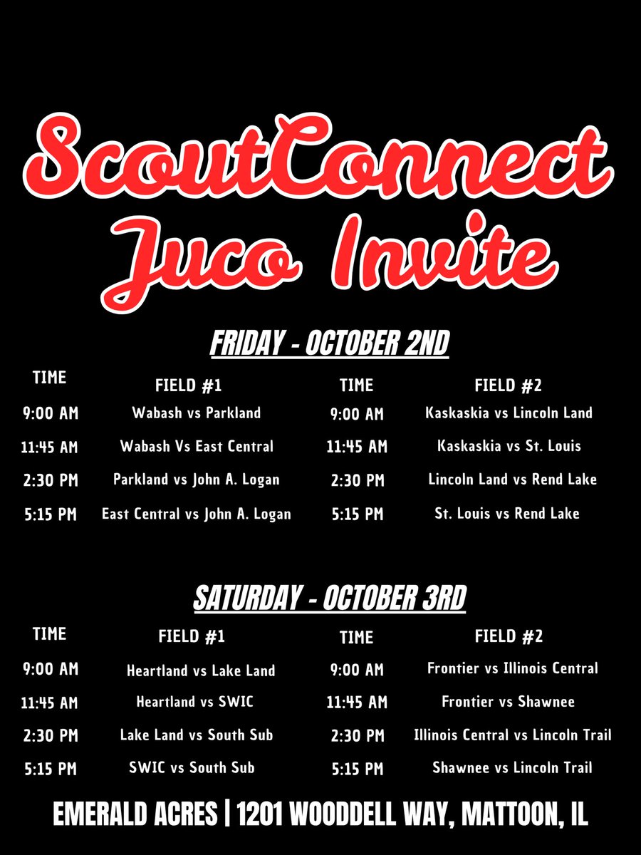 ScoutConnectBB's tweet photo. #𝐒𝐂𝐉𝐮𝐜𝐨 𝐈𝐧𝐯𝐢𝐭𝐞, 𝐒𝐜𝐡𝐞𝐝𝐮𝐥𝐞 🗓️

We're less than a week away from our second annual JUCO Invite!

1️⃣6️⃣ programs from the Midwest competing on Oct 2 &amp; Oct 3 in Emerald Acres in Mattoon, IL. 

Full schedule.👇 https://t.co/C1WrUhsopg