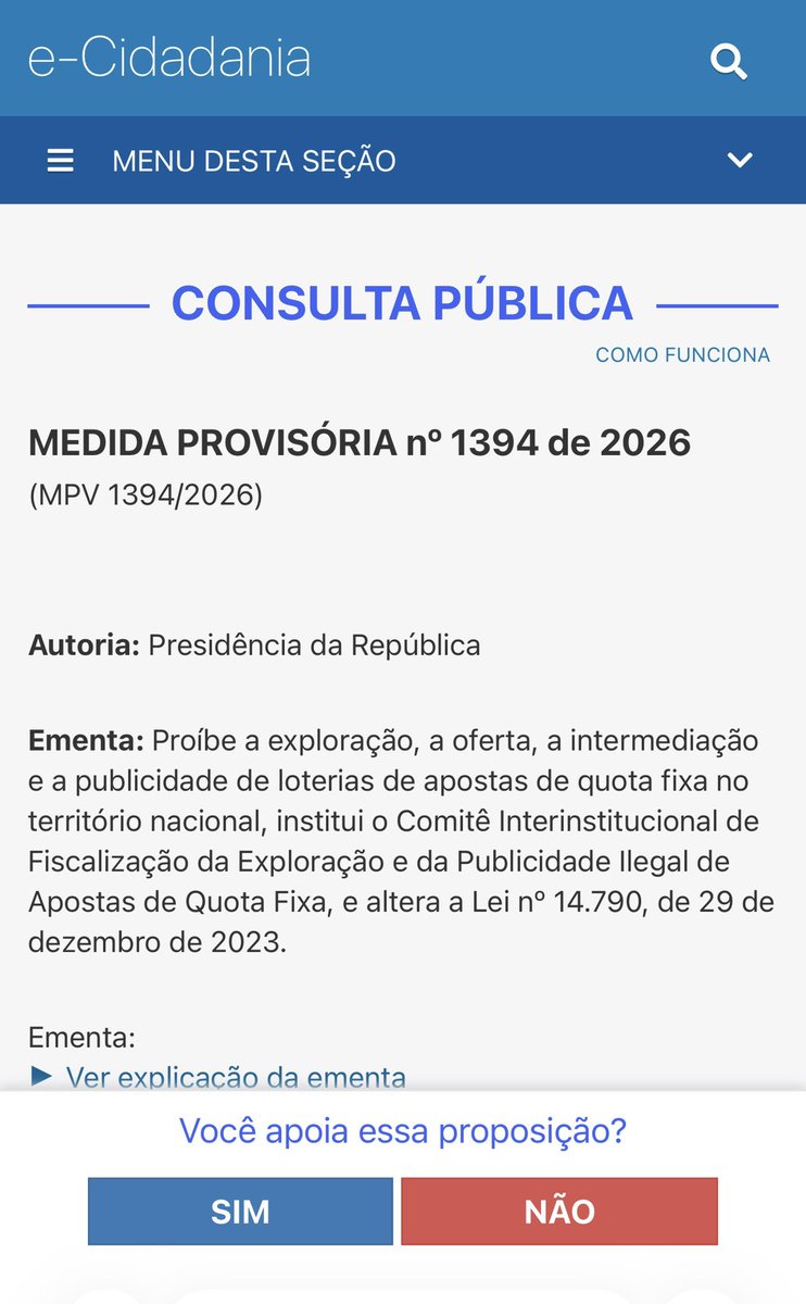 Sheracomenta's tweet photo. Renaults, como vocês sabem a Ana Paula se posicionou ontem pelo fim das Bets e agora é a nossa vez de fazer algo. 

Está aberta no Senado a consulta pública sobre a MPV 1394/2026, que propõe o fim da exploração, oferta, intermediação e publicidade das apostas de quota fixa (“bets”) no território nacional.

Na consulta, votar SIM significa declarar apoio à proposta de PROIBIÇÃO das bets.

VOTEM e REPOSTEM. 
https://t.co/xcGvkkd4aQ