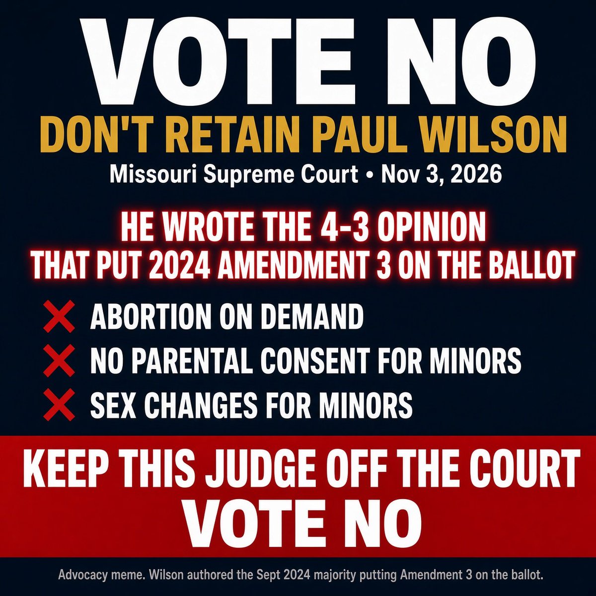 FreedompplMO's tweet photo. The MO Supreme Court justices are up for retention every 12 years. Judge Paul C. Wilson (appointed by Jay Nixon) wrote the 4-3 majority opinion in Sept 2024 that allowed A3 to be on the ballot. Thus we have the scourge of wide open abortion in our state. https://t.co/lFzGMUGx0U