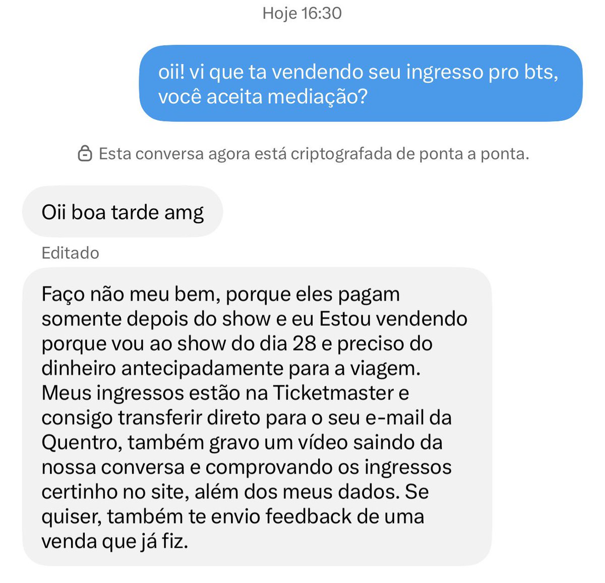 ruelmendes's tweet photo. é exatamente o mesmo texto, mas sao 3 contas diferentes, se tentarem comprar ingresso pro bts e receberem isso, fujam https://t.co/NLQ1hJpic0