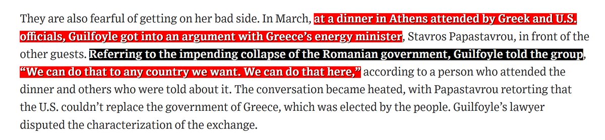 BenjaminNorton's tweet photo. The US ambassador to Greece openly threatened to organize a coup if its government didn't do what Washington wanted.

US ambassador Kimberly Guilfoyle is a top Trump ally who was previously engaged to Donald Trump Jr.

Guilfoyle had a fight with Greece's energy minister, and she referenced the collapse of the Romanian government, saying:

“We can do that to any country we want. We can do that here”.

This quote is from a Wall Street Journal report: https://t.co/41u8R3rkUA

This is reminiscent of what was said by Elon Musk, the world's richest oligarch, following a US-backed coup against Bolivia's left-wing President Evo Morales in 2019:
 
"We will coup whoever we want! Deal with it".