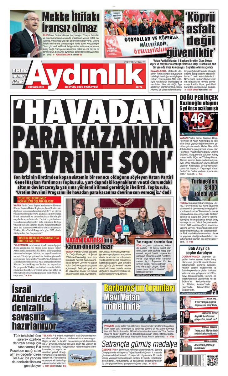 vatanpartisi01's tweet photo. "Üretim Devrimi Programı'yla Üretici Baş Tacı  
HAVADAN PARA KAZANMA DEVRİNE SON" 

#Aydınlık – 28 Eylül 2026
AYDINLIK  Gerçeğin Farkında Olmaktır.

Gerçekleri AYDINLIK Yazar 
https://t.co/juNnnVRarh https://t.co/VZTfxsbAPG