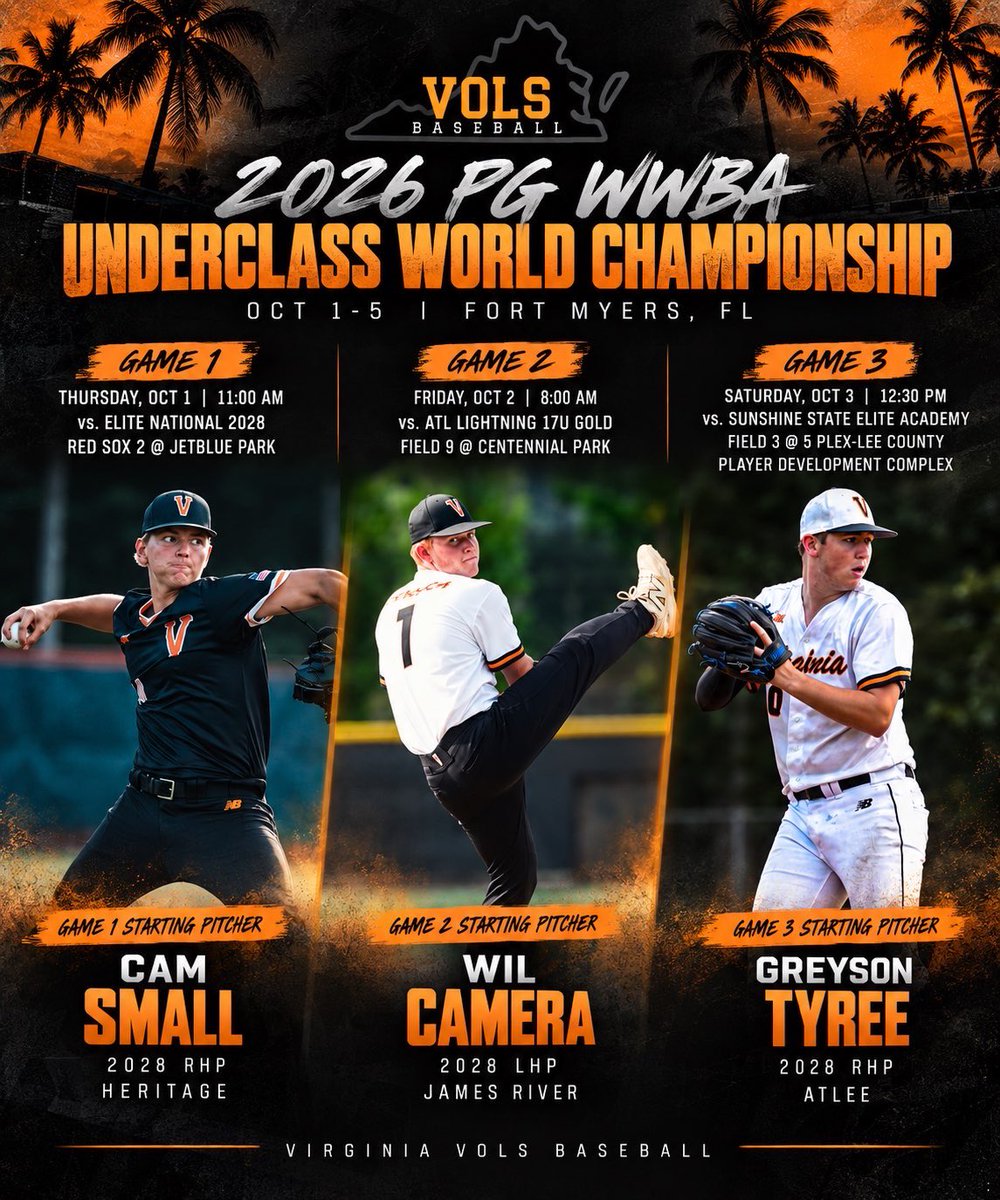 GTyree23's tweet photo. College coaches! Below is when I will be throwing in Fort Myers this weekend for the PG WWBA Underclass World Championship. I will be starting Game 3 at 5 Plex-Lee County Player Development Complex. Hope to see you there!
@CokerDrew_ 
@VAVolsBaseball 
@alex_famodu 
@KyleAdamsRVA https://t.co/ODuK7YOiRx