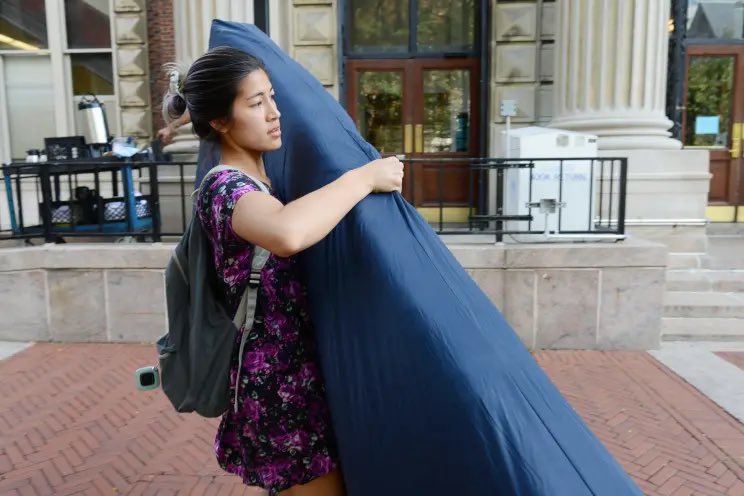 zellieimani's tweet photo. Emma Sulkowicz protested against  Columbia University handling of her sexual–assault allegations of Paul Nungesser by hauling a mattress around campus.

He was never convicted or charged. But he did file a discrimination lawsuit against the college and they settled. https://t.co/pg8IdKo74P