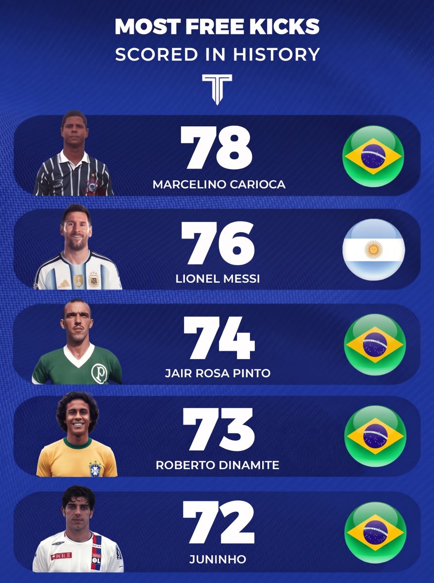 TouchlineX's tweet photo. 🚨📊 Most free kicks ever scored. https://t.co/b0ohI8a2zJ