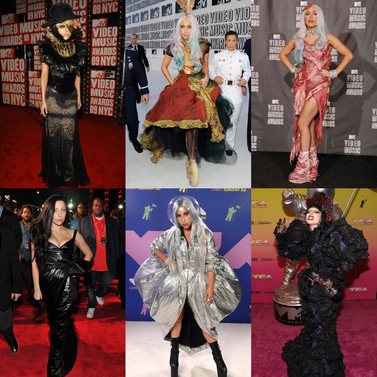 hausofdisease's tweet photo. Lady Gaga’s VMA carpet looks throughout the years. https://t.co/eigG44u2Pp