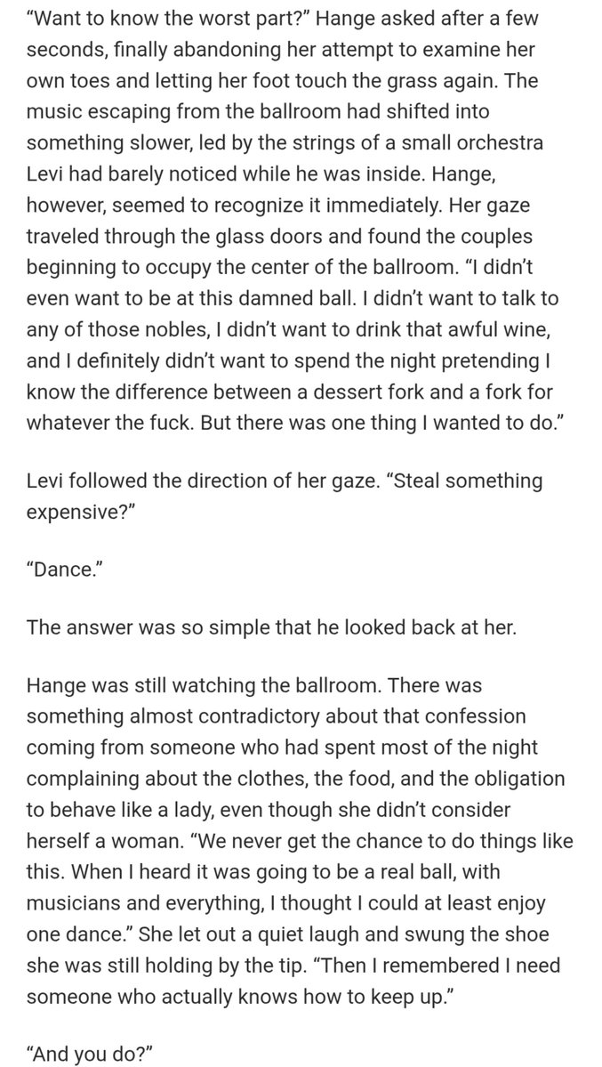 levihanwriter's tweet photo. Levi decides to dance with Hange for the first time at a ball Erwin forced them to attend in one of the chapters of Wings Stained Red #levihan https://t.co/GK7sEhdU6R