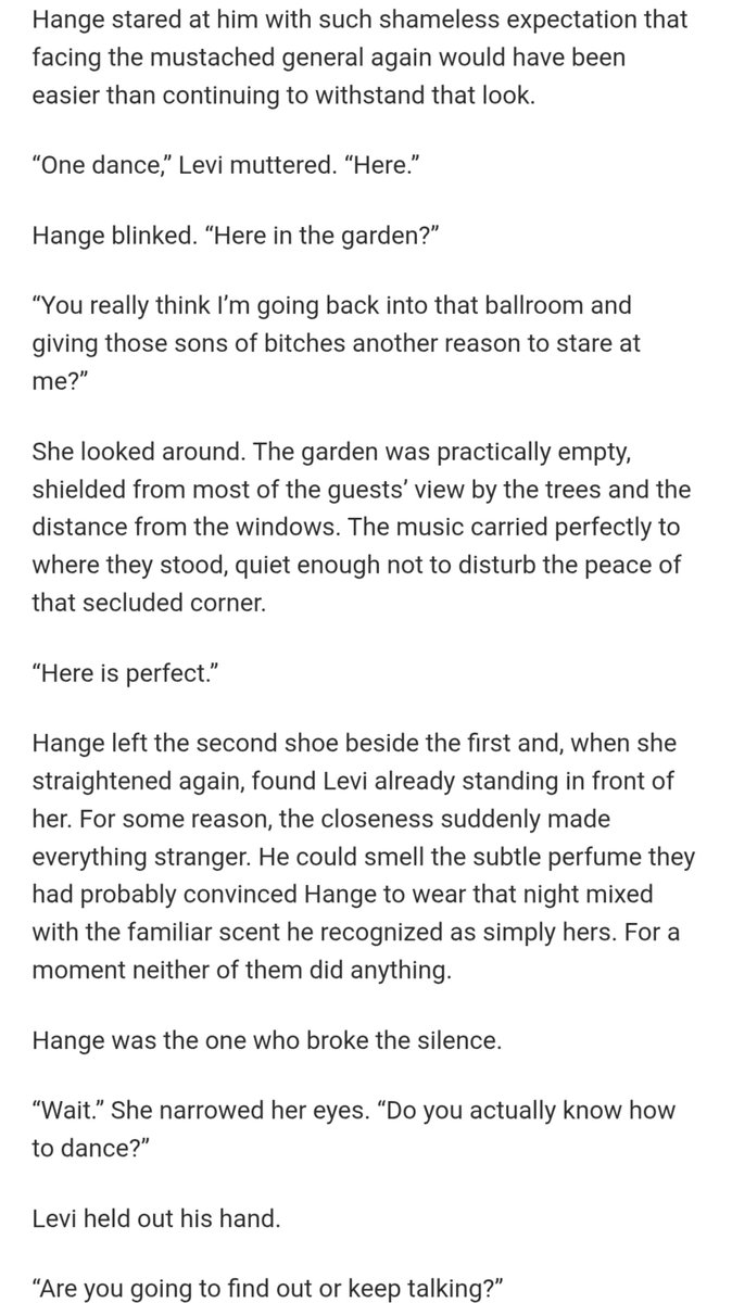 levihanwriter's tweet photo. Levi decides to dance with Hange for the first time at a ball Erwin forced them to attend in one of the chapters of Wings Stained Red #levihan https://t.co/GK7sEhdU6R