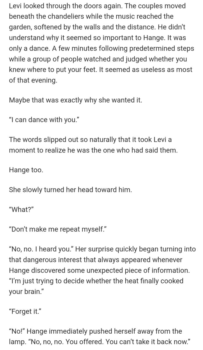 levihanwriter's tweet photo. Levi decides to dance with Hange for the first time at a ball Erwin forced them to attend in one of the chapters of Wings Stained Red #levihan https://t.co/GK7sEhdU6R