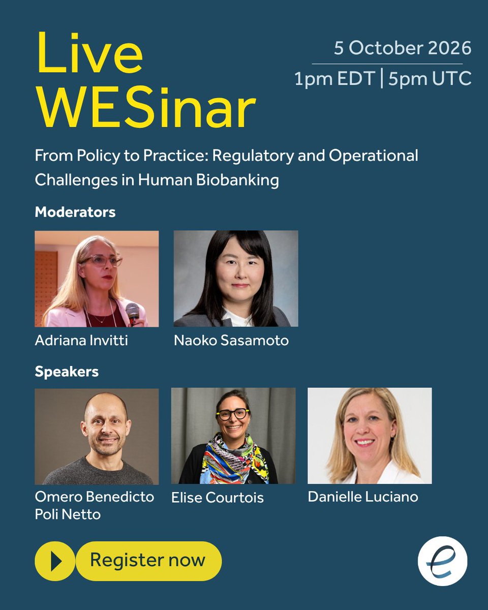 WorldEndoSoc's tweet photo. WESinar | From policy to practice: regulatory and operational challenges in human biobanking
5 Oct 1pm EDT | 5pm UTC
Mods: Adriana Invitti and Naoko Sasamoto
Speakers: Omero Benedicto Poli Netto, Elise Courtois and Danielle Luciano

https://t.co/RZ1Cz269aE

@jacksonlab @nsasamoto https://t.co/rmNjTlrIQf