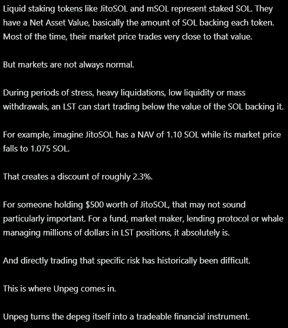 mcoinchecker's tweet photo. Another project i'm very bullish on is $UNPEG

It enables you to trade gaps (LST discounts) of assets that are temporarily de-pegged

You are no longer trading the direction of an asset

With their goal to go beyond LSTs and support options trading on every kind of time premium https://t.co/pFmTDruB79