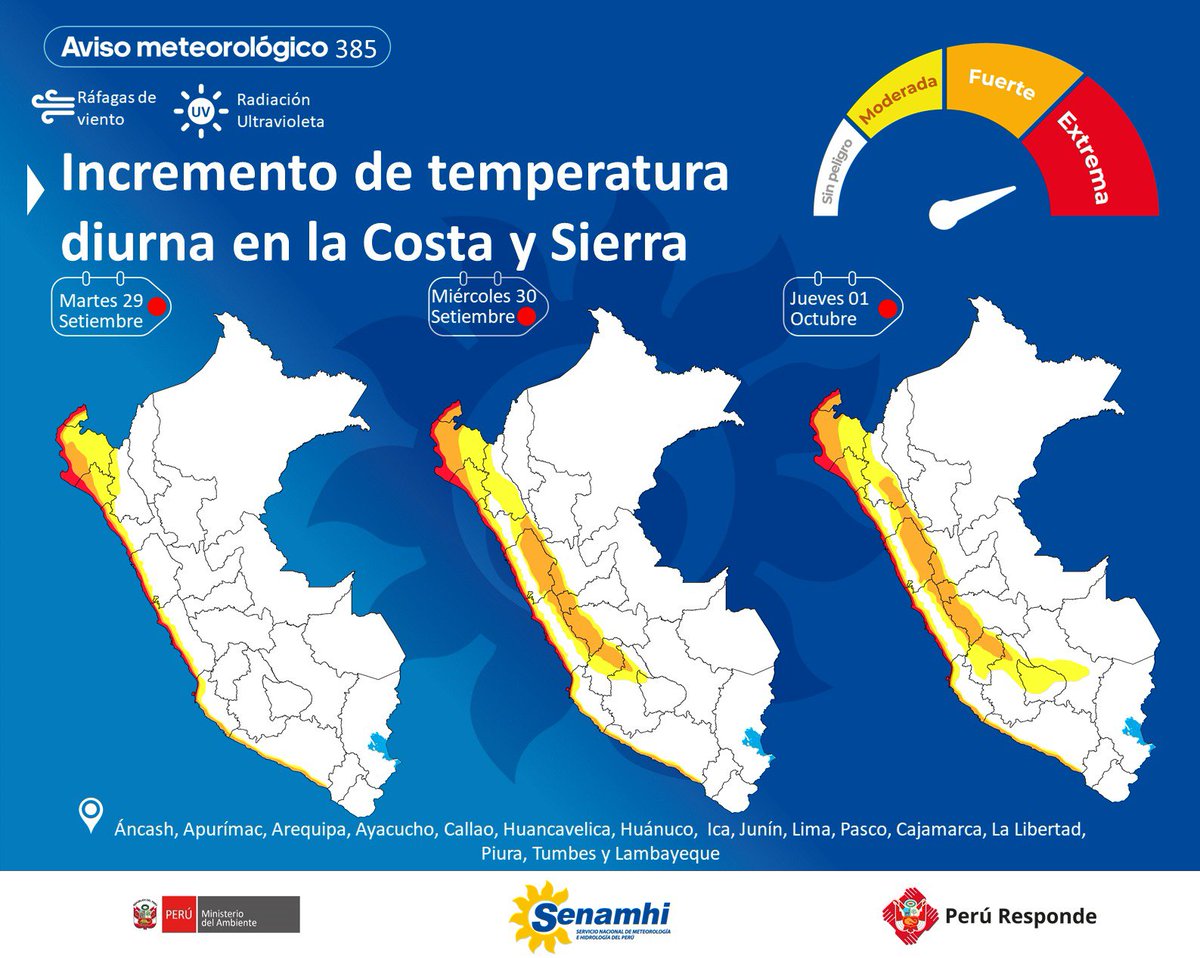 Senamhiperu's tweet photo. 📣#Aviso #Minam #Senamhi Del 29 de setiembre al 01 de octubre, se espera el incremento de temperatura en la #Costa y #Sierra.

✅ Se podría registrar un aumento en los niveles de radiación ultravioleta.

📱https://t.co/vqhnsbl9a8 https://t.co/H0VxlQIND4