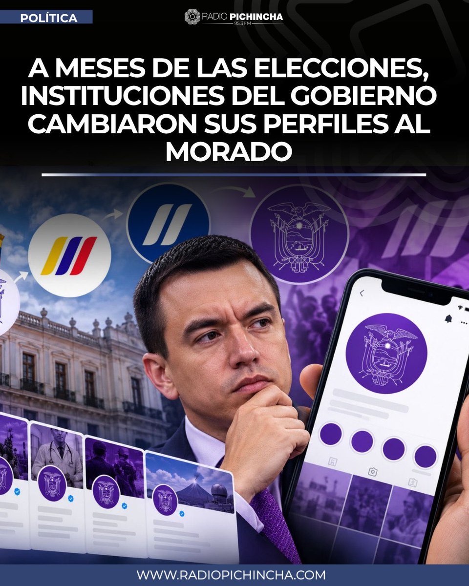 radio_pichincha's tweet photo. 🏛️#POLÍTICA | El Escudo Nacional blanco sobre fondo morado se extendió por las cuentas de varias instituciones del Ejecutivo. El color coincide con uno de los identificativos de ADN, que ya había sido utilizado en uniformes y piezas gubernamentales durante la campaña presidencial de 2025.
La sucesión de cambios plantea una pregunta que hasta ahora el Ejecutivo no ha contestado: ¿por qué recuperar el morado como elemento dominante de las cuentas institucionales precisamente durante el proceso para las elecciones seccionales?
#LaRadioDeLasNoticias
Los detalles 
https://t.co/Xf2n4iiheq