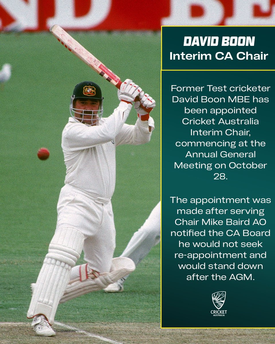 CricketAus's tweet photo. Boonie's back 🤝

David Boon MBE has been appointed Cricket Australia (CA) Interim Chair commencing at the Annual General Meeting on October 28. https://t.co/OmhgYUOkon