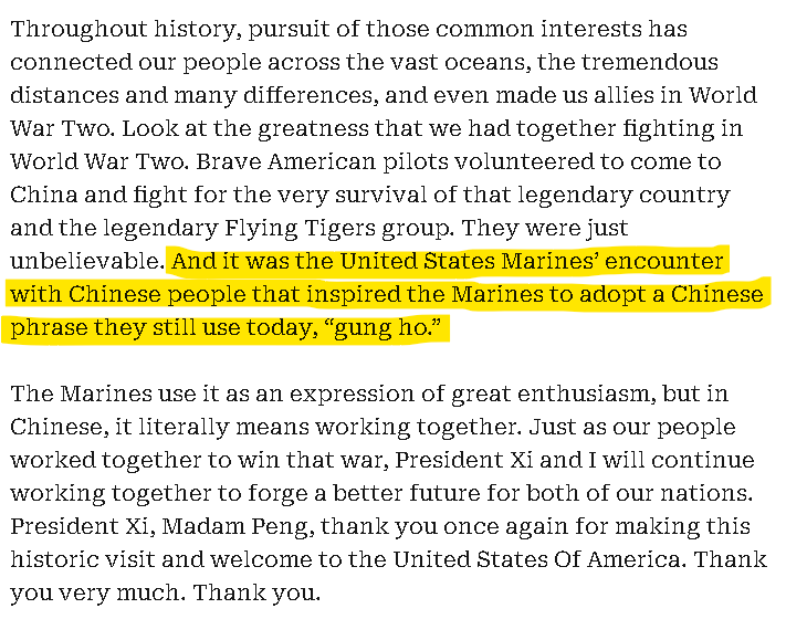 RnaudBertrand's tweet photo. Really interesting that Trump mentioned the Chinese origin of the term "gung ho" during his remarks at Xi's arrival ceremony 👇 (https://t.co/NB5ydHmC2T)

What he didn't mention, however, is the most fascinating fact: it directly comes from an organizational concept that the US Marines borrowed from the Communist Army during WW2.

See, during WW2, the Communists were at a big disadvantage versus both the Japanese and Chiang Kai-shek's Nationalists: fewer weapons, less money, no foreign backing to speak of.

Yet they kept proving extraordinarily capable, scoring many victories, and an American Marine officer named Evans Carlson (https://t.co/MTNtQZDskj) decided to embed himself with the Eighth Route Army (the Communist forces under Zhu De) in order to understand why.

What he found - which deeply impressed him - was a completely different organizational culture to traditional armed forces: almost no hierarchy, officers sharing the same food and hardships as the men, open discussion of objectives, and discipline based on conviction rather than rank.

In short, the Communists' secret weapon was cohesion - the way they worked together - and Carlson came away convinced it was the model for how fighting units should be run.

He didn't quite know how to call this organizational concept so he borrowed a term from a Chinese cooperative movement he'd come across during his travels (the Chinese Industrial Cooperatives: https://t.co/abEo7GCetn), known by the abbreviation 工合 (gōnghé) which literally means "work together". It captured exactly what he'd seen in the Eighth Route Army.

Back in the Marines he took command of the 2nd Marine Raider Battalion ("Carlson's Raiders") in 1942, and he adopted "Gung Ho" as the unit's motto and applied the Eighth Route Army model. 

He held "Gung Ho meetings" where rank was set aside and men could speak freely and criticise, officers had no special privileges, and everyone was expected to understand why they were fighting. The Raiders became famous for the Makin Island raid (August 1942) and the "Long Patrol" on Guadalcanal (late 1942).

Carlson's Marine unit became so legendary that Hollywood made the 1943 film Gung Ho! about them (https://t.co/GeSCG9Sk3I!), which is largely how the phrase spread into general American English.

So there you have it, many ironies here, first among which is the fact that the US Marines learned to let their men speak freely and criticize their leaders by... watching the Chinese Communists 😊