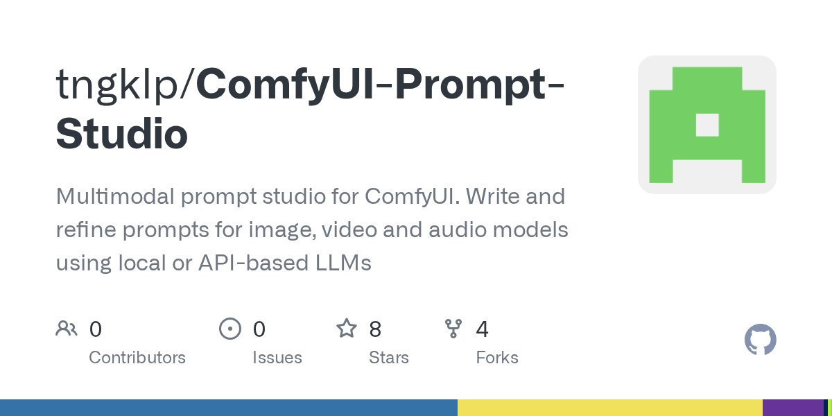 aiaicreate's tweet photo. 画像・動画・音声用のプロンプト作成を支援するComfyUI拡張「Prompt Studio」が公開。
平易な指示や参照メディアから、各モデルに最適なプロンプトをLLMで自動生成。
MiniMax H3やQwen等に対応。
#MiniMaxH3 #ComfyUI

URLはリプ⬇️ https://t.co/2MLxgVF4oS
