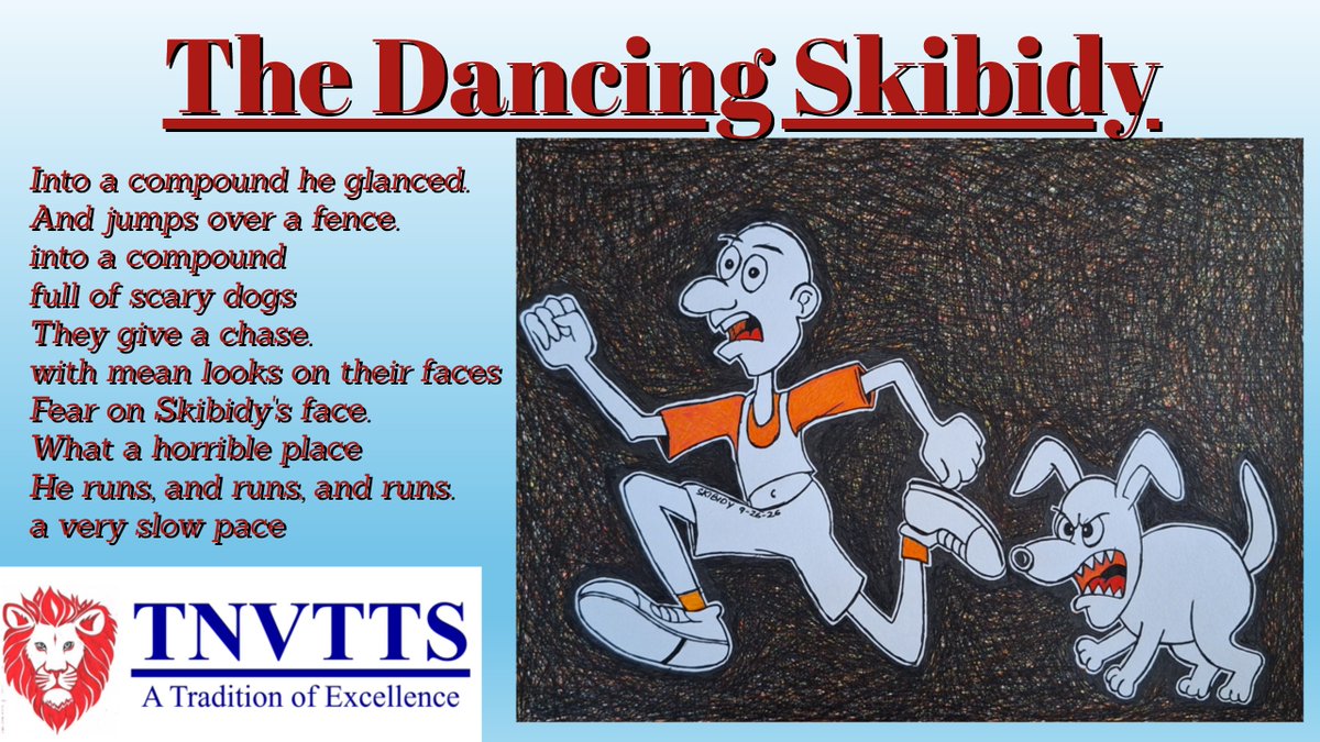 tnvtts's tweet photo. The Dancing Skibidy, #Characters 1

By Togbah Push Wleh

Skibidy loves to dance.
Skibidy loves his friends.
But Skibidy wants his friends.
And Skibidy wants a chance.
to be a friend
to be with his friends
Skibidy walks by dancing. https://t.co/y1BuF7pnZb