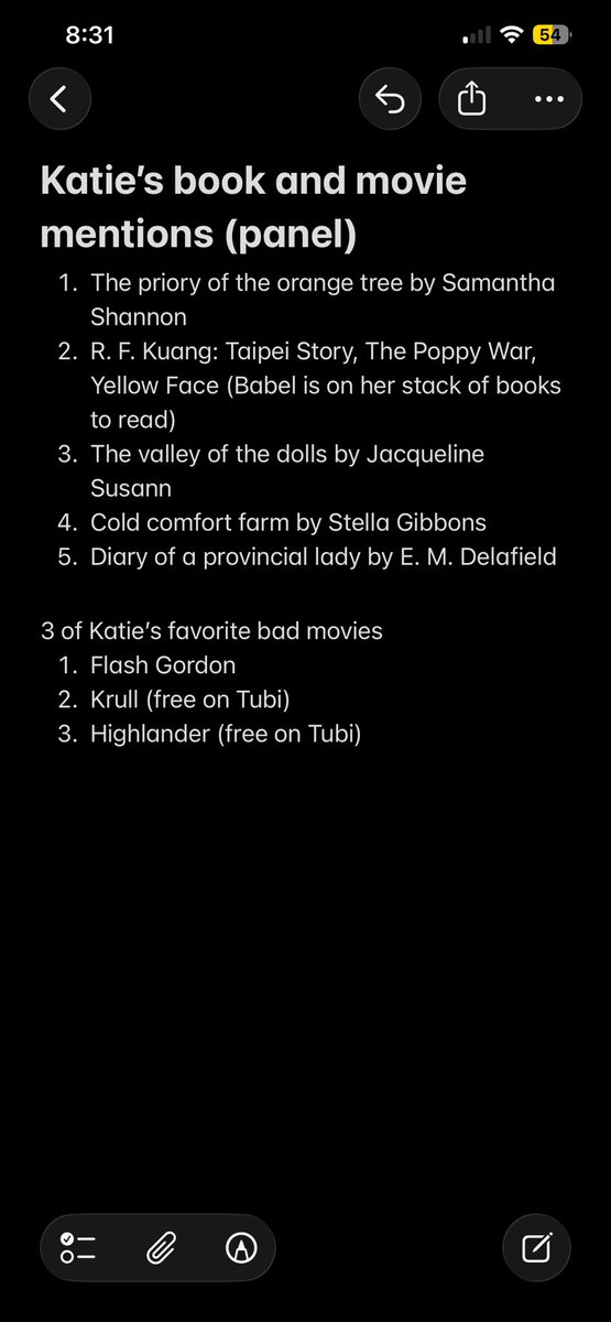 MorganasVersion's tweet photo. Full list of Katie’s book and movie recommendations during the panel I know she mentioned others during the meetings this is just what she said in the panel https://t.co/GMRvjSS05t