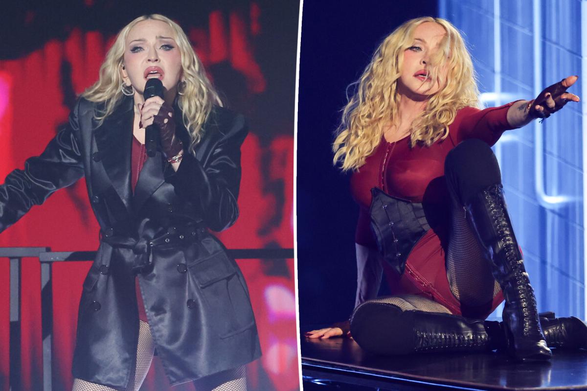 nypost's tweet photo. Madonna opens the VMAs 2026 in a slinky blazer and lace-up leather https://t.co/p8pIUSaXEL https://t.co/9n4EaTcqcR