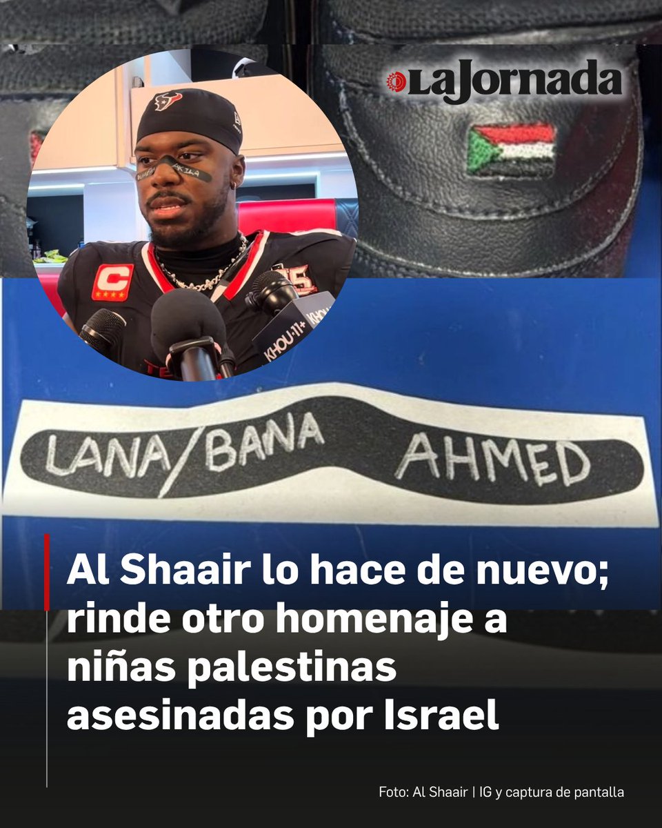 lajornadaonline's tweet photo. Azeez al Shaair, defensivo de los Texanos de Houston, volvió a rendir homenaje a las víctimas del genocidio que comete Israel en la franja de Gaza- ahora en la derrota de su equipo 17-19 ante Indianápolis- en la tercera jornada de la NFL, al portar sobre la pintura oscura bajo sus ojos los nombres de dos niñas palestinas asesinadas por bombardeos israelíes: Lana y Bana Ahmed.

Horas antes del encuentro, el jugador anunció a través de sus historias en la red social Instagram,  que saldría al campo con los nombres de las niñas y con la bandera de Palestina en sus zapatos. También compartió una publicación donde se explica el ataque de Israel.

Más información en: https://t.co/Ox8PvWUvLm