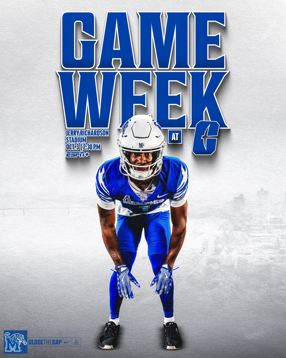 MemphisFB's tweet photo. Back to Business 

🆚| Charlotte
🗓️| Saturday, Oct. 3
⏰| 2:30 PM
📍| Jerry Richardson Stadium
📺| @ESPNPlus 

#GoTigersGo | #CloseTheGap https://t.co/ukchvdzvY3