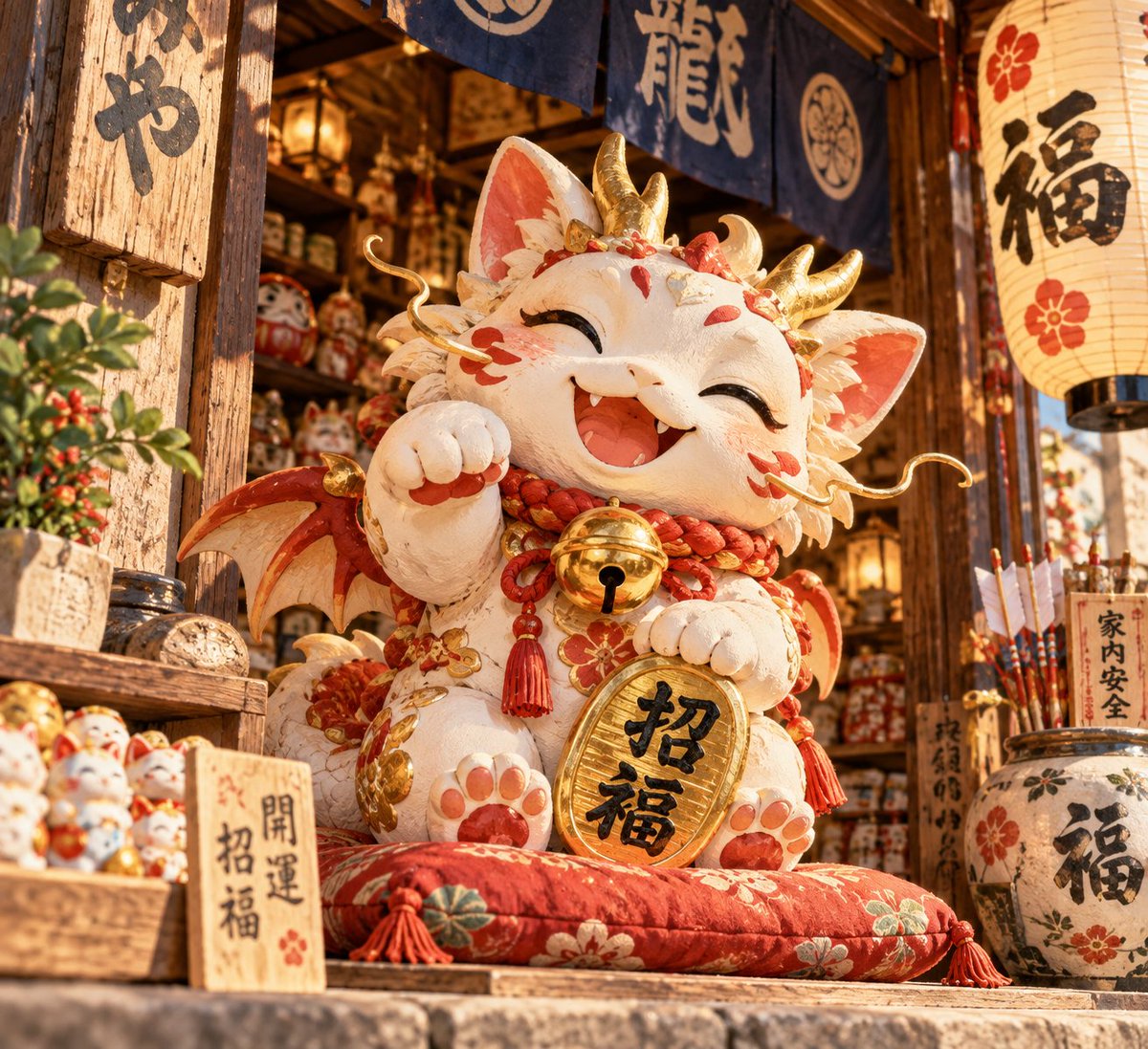 XjasmineY's tweet photo. 今日は招き猫の日🐱
福を招く猫ドラゴンです！

旅行先で見つけた、時代を感じる雑貨屋さん。
大きな招き猫（龍？）の置物に目を引かれ、立ち寄ってみると…
「いらっしゃいませ！お客様ご来店にゃ！」
うわっ、しゃべった！動いた！
もしかして、置物じゃない…？
#創作ドラゴン #AIイラスト https://t.co/JQ1QPKVOrc