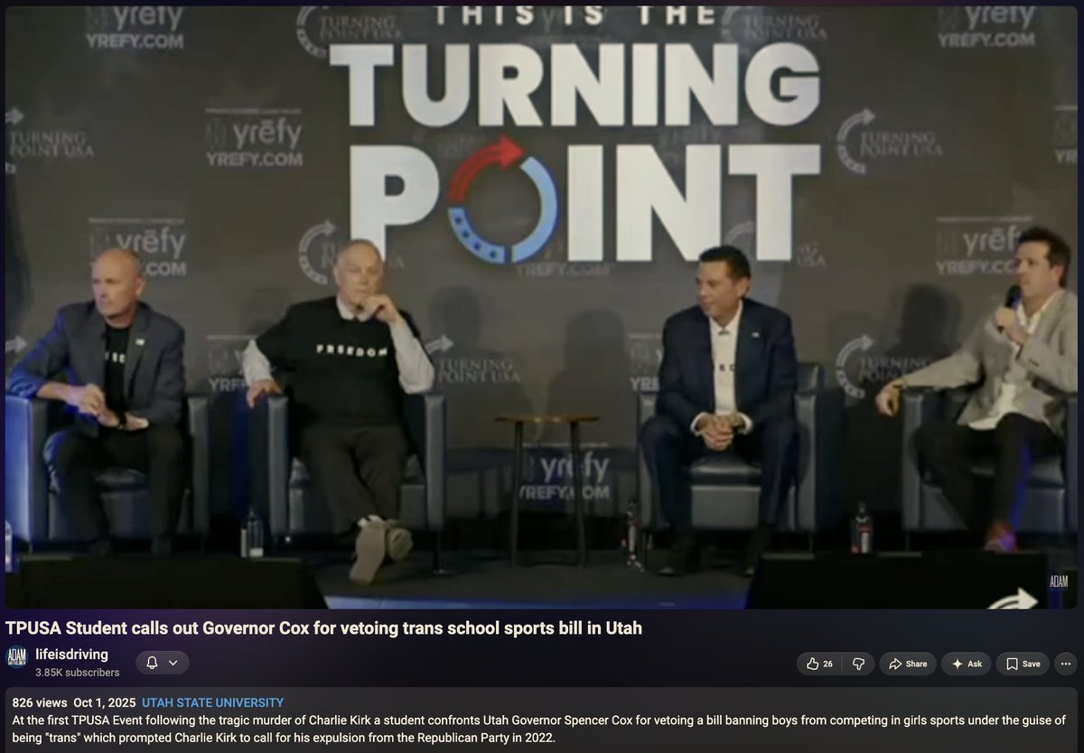 idontgiveadom's tweet photo. The first TPUSA stop back in Utah was announced as Mike Lee, Spencer Cox, Andy Biggs, and Jason Chaffetz. Lee sent a video. Cox, Biggs, and Chaffetz were there, with Tyler Bowyer on the panel.

All five are Latter-day Saints. 

Jason Chaffetz was also at UVU on 9/10, in the crowd with his family. The September 2 memo is reported as Kirk removing Bowyer from his role of TPUSA chief operating officer and within Turning Point Action only.

With Charlie’s 2022 post saying Cox should be expelled from the Republican Party, and a reported push for a DOGE-style review, it is just hard not to notice who they put on the lineup.
