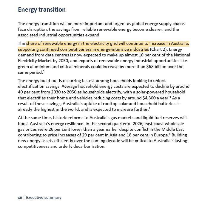FootnotesGuy's tweet photo. Somewhere deep in the bowels of Treasury there are some grey-beards with their heads in their hands. They joined an institution that was regarded as world-class for its analysis.

Now it's producing nonsense propaganda.

Renewable energy is...
putting downward pressure on bills?
supporting energy entensive industries?
making us a renewable energy superpower? 1/
