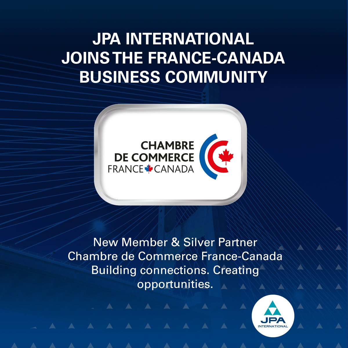 JPAglobal's tweet photo. A new connection. A new bridge to build. 🌍🇫🇷🇨🇦

We are honoured to join the Chambre de Commerce #France-#Canada as a new member and Silver Partner.

Thank you for the warm welcome. We look forward to building new connections and opportunities together.

#JPAInternational https://t.co/lShgIxTK4W