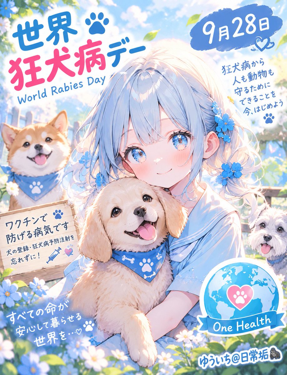 you_0204_777's tweet photo. 9月28日は「世界狂犬病デー」🌎🐾

ここで、ちょっとした豆知識

狂犬病は「犬だけの病気」ではなく
人を含む多くの哺乳類に感染する病気です

実は日本では
人の狂犬病は1956年
動物では1957年の猫を最後に
国内での発生は確認されていません

これは、犬の登録や予防注射など
長年の対策によるものです🐶

一方、世界では今も
年間数万人が狂犬病で亡くなっています

そして、狂犬病は
症状が現れると致命的ですが
感染の可能性がある場合には
発症前の適切な予防処置で
命を守ることができます

「日本では大丈夫」で終わらせず、
知ること、予防すること

人と動物が安心して暮らせる未来のために
今日は少しだけ狂犬病について
考えてみませんか？🐾

9月28日
世界狂犬病デー