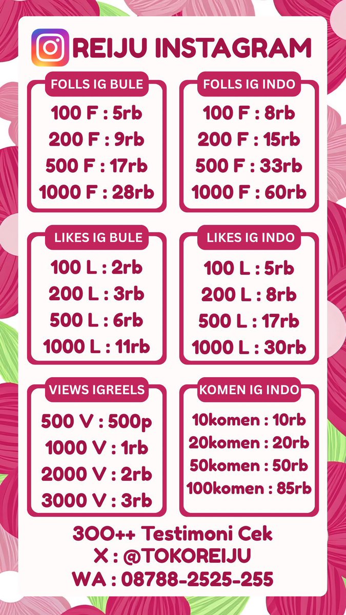 Calyseaa's tweet photo. 🌷Reiju’s Sosmed Termurah
Sudah 300++ Testimoni Sejak 2024

💌 WA ke : 087882525255

Jasa Followers Ig Tiktok Jual Wts Wtb Shopee Indonesia Indo Murah Likes Views View Like Buzzer Beli Comment Zonauang Komentar Komen Saves Tambah Instagram Share Folls Foll Upfoll Suntik Reels Vt https://t.co/FC8RyFzUp7