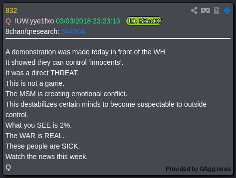 7thDean's tweet photo. Monica Crowley Comms, "ARE. YOU. READY."

Monica Crowley's post "This is the final battle with you by my side." "ARE. YOU. READY." has a timestamp of 8:32 PM EST

Q 832
A demonstration was made today in front of the WH.
It showed they can control ‘innocents’.
It was a direct THREAT.
This is not a game.👈
The MSM is creating emotional conflict.
This destabilizes certain minds to become suspectable to outside control.
What you SEE is 2%.
The WAR is REAL.👈
These people are SICK.
Watch the news this week.👈
Q

The Comm: This is the final battle with you by my side, Are you ready? This is not a game, The WAR is REAL. Watch the news this week!👊🪖🇺🇸🔥🔥 

We are with you, President Trump, and WE ARE READY!🐸🫡🔥

Hold the line Patriots, and keep watching the news!📺👀🍿