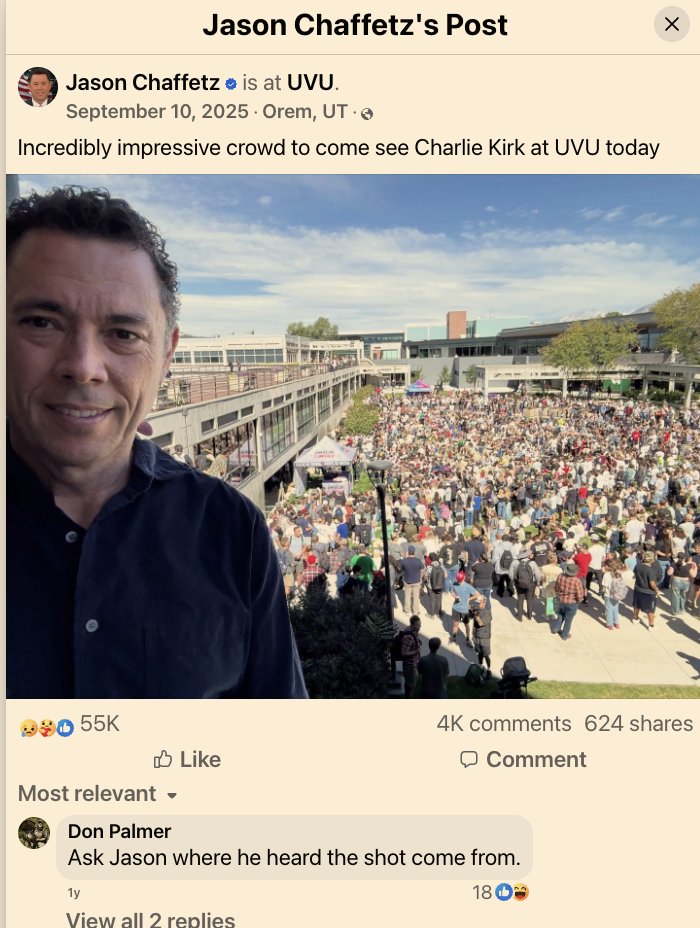 idontgiveadom's tweet photo. The first TPUSA stop back in Utah was announced as Mike Lee, Spencer Cox, Andy Biggs, and Jason Chaffetz. Lee sent a video. Cox, Biggs, and Chaffetz were there, with Tyler Bowyer on the panel.

All five are Latter-day Saints. 

Jason Chaffetz was also at UVU on 9/10, in the crowd with his family. The September 2 memo is reported as Kirk removing Bowyer from his role of TPUSA chief operating officer and within Turning Point Action only.

With Charlie’s 2022 post saying Cox should be expelled from the Republican Party, and a reported push for a DOGE-style review, it is just hard not to notice who they put on the lineup.