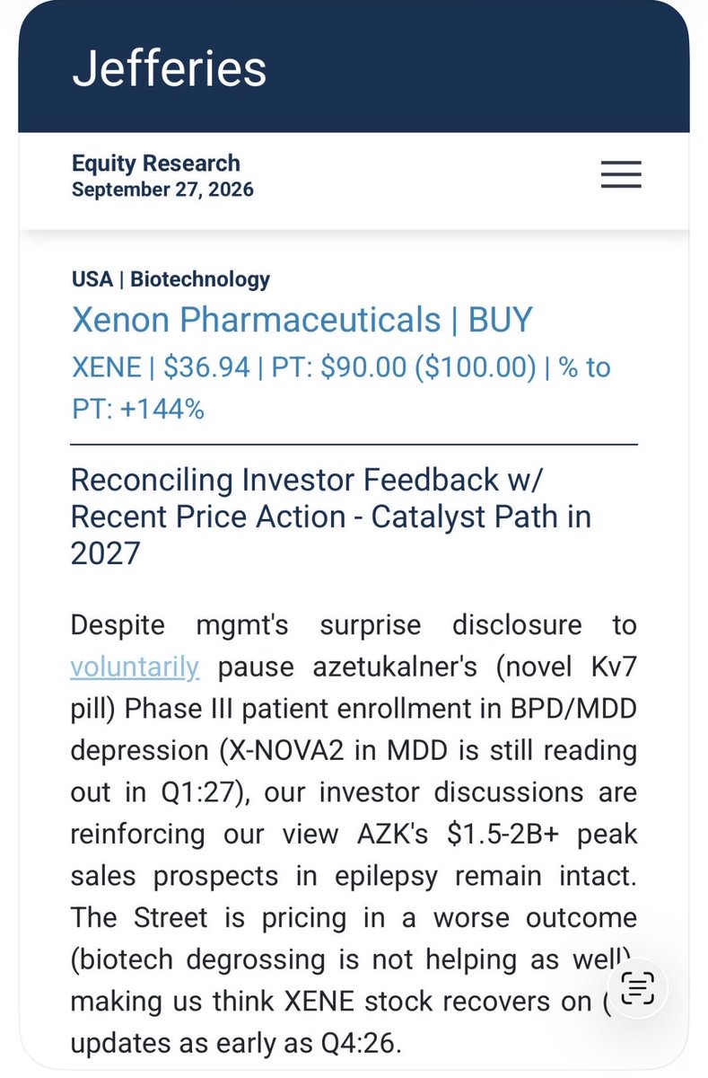 medtechmd's tweet photo. Jefferies perspective on $XENE voluntary MDD/BPD halt. https://t.co/VBaqSop0IA