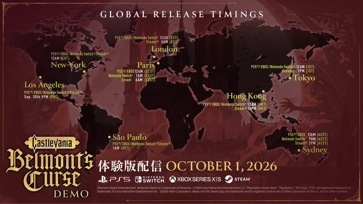 Castlevania_JP's tweet photo. 『Castlevania: Belmont’s Curse』
体験版が10月1日(木)より配信開始！
※Steam®版のみ、10月1日(木)13:00より配信となります。

体験版のセーブデータは製品版に引き継ぎ可能です。

詳細はこちら！
https://t.co/rqIKRBOzQK

#Castlevania #キャッスルヴァニアBC #CastlevaniaBC https://t.co/dp5ltFCutd