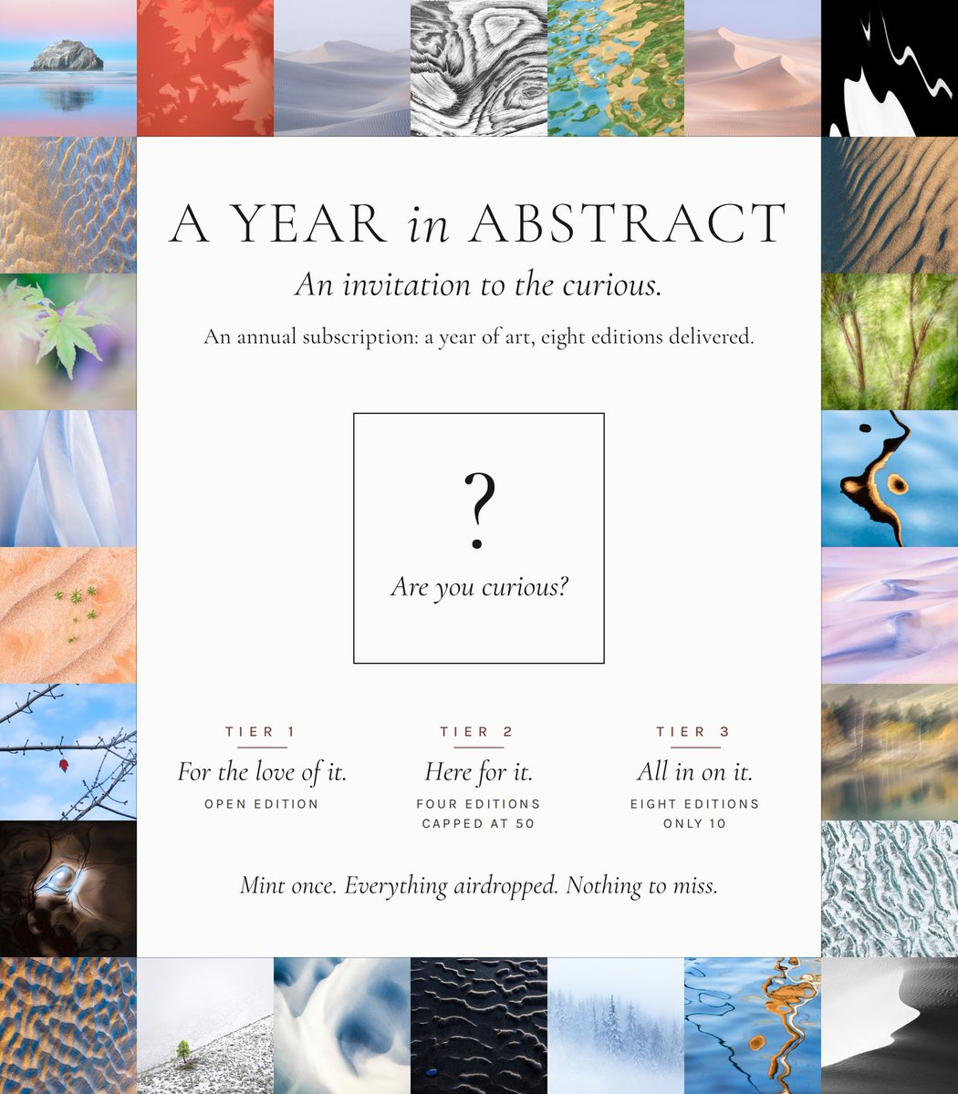 TarainAbstract's tweet photo. A YEAR in ABSTRACT
• Mint Oct 1st 2026 •
🧵
What is it?

An annual subscription.
Mint one pass & receive a full year of art in your wallet.
No drop dates to track, no mints to chase.
Every edition airdropped.
The pass determines what you receive.

1/5