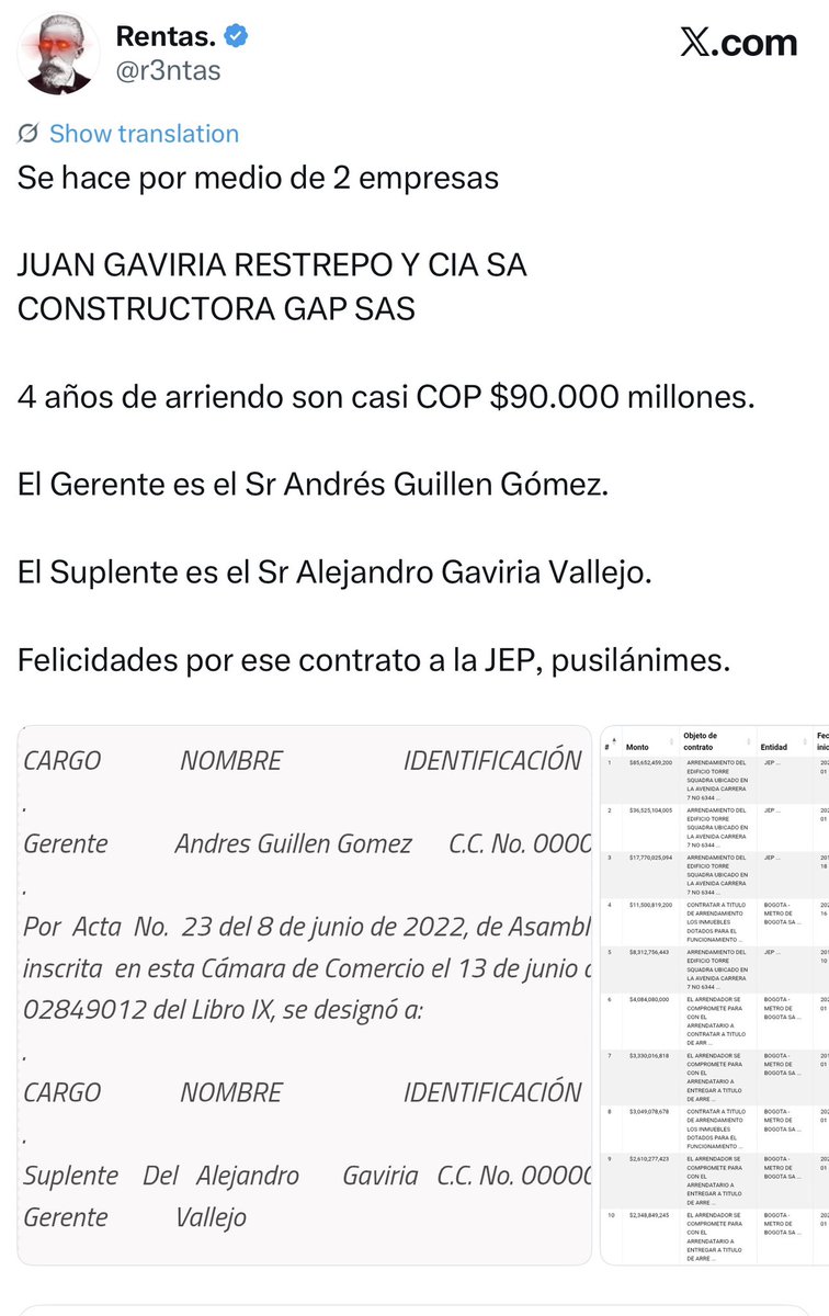 EliCrH's tweet photo. Lo dicho, el jueves después de que @r3ntas revelara los beneficiarios del contrato de arrendamiento de la @JEP_Colombia le escribí “guarden todo antes que le hagan una emboscada a baby RENTAS”. Suspendido justo después de mostrar los beneficiarios de más de 90.000 millones pesos: https://t.co/Zagfwmk9gz