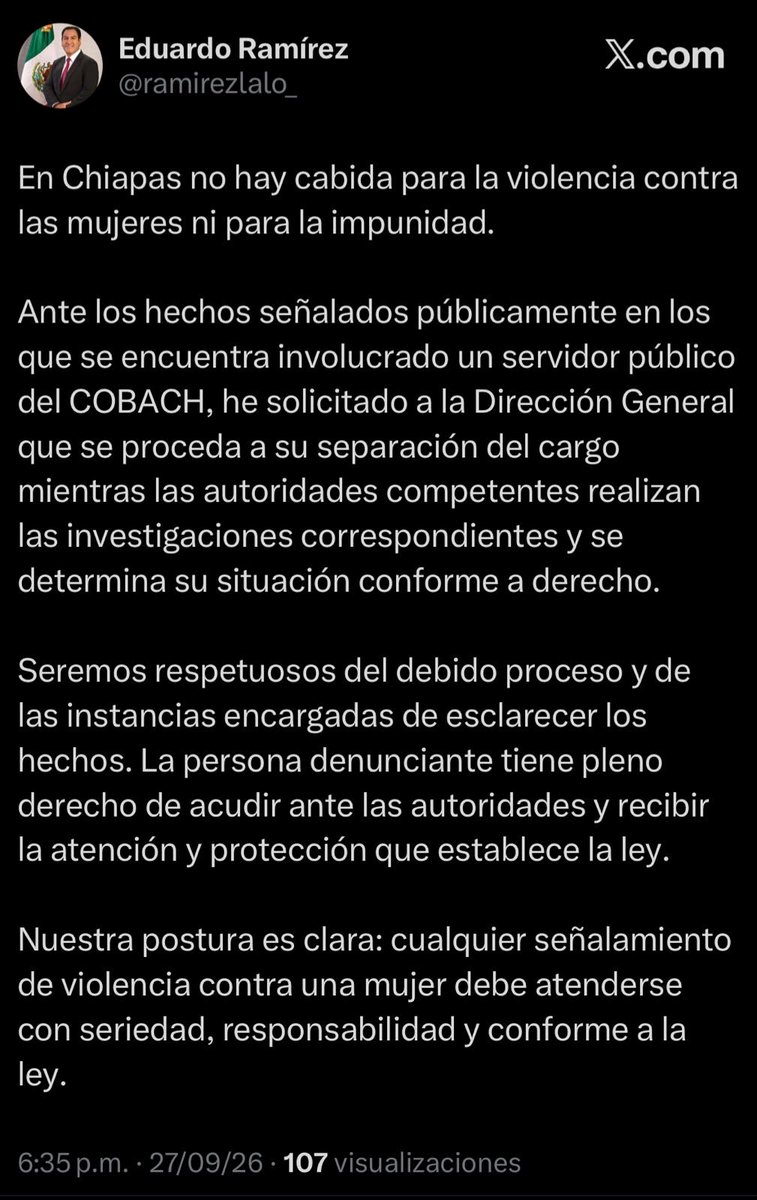 tinta_fresca's tweet photo. INSTRUYE @ramirezlalo_ separar de @cobachchiapas a presunto violentador.

“En #Chiapas no hay cabida para la violencia contra las mujeres”, afirma el gobernador y aclara que se respetará el debido proceso de Ulises Grajales Niño, director de Vinculación de #COBACH. https://t.co/jvnYHBAwn8