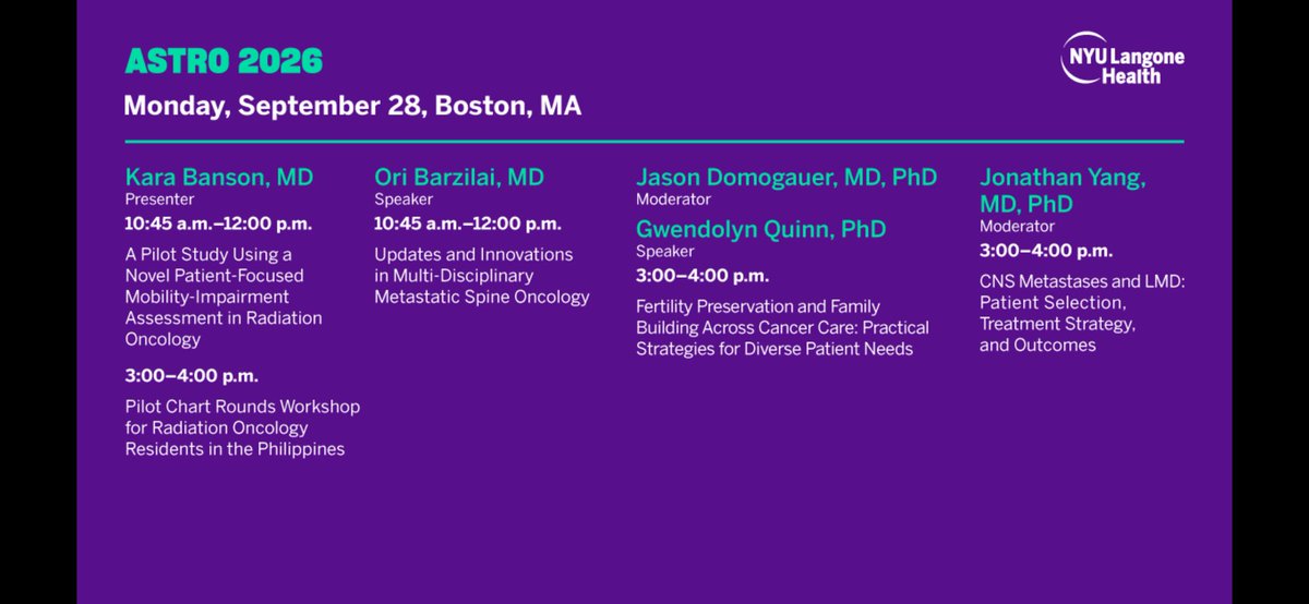 Aiims1742's tweet photo. Busy Monday and Tuesday for @nyulangone @Perlmutter_CC Radiation Oncology at #ASTRO26. Hopefully our RadOnc colleagues will get better weather for the remaining two days of their meeting in Boston. ☢️ 
@JohnPLeonardMD @nyugrossman https://t.co/wESP6fBz5v