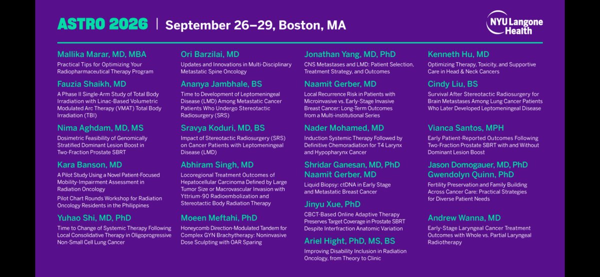 Aiims1742's tweet photo. Busy Monday and Tuesday for @nyulangone @Perlmutter_CC Radiation Oncology at #ASTRO26. Hopefully our RadOnc colleagues will get better weather for the remaining two days of their meeting in Boston. ☢️ 
@JohnPLeonardMD @nyugrossman https://t.co/wESP6fBz5v