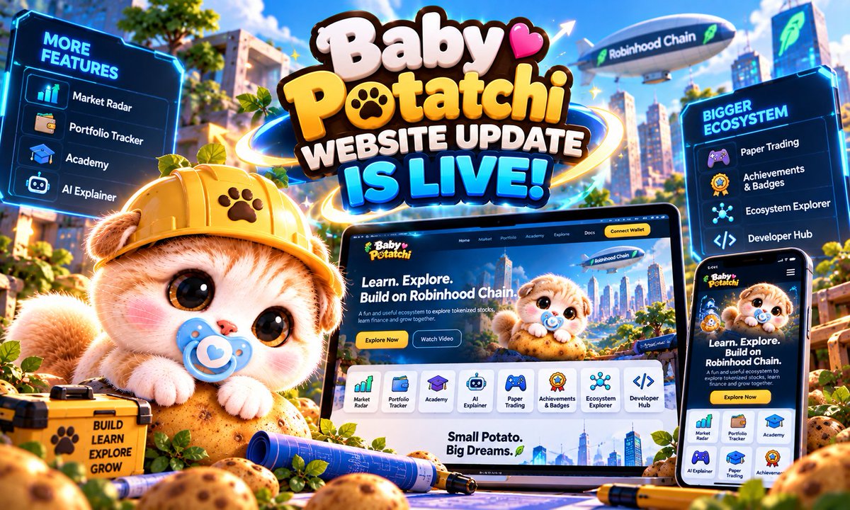 BabyPotatchi's tweet photo. 🥔🍼 BABY POTATCHI WEBSITE UPDATE IS LIVE! 🚀

We just upgraded Baby Potatchi’s home with a more polished experience and a bigger vision for what we’re building on Robinhood Chain. 👶🥔

✨ New & improved: 📊 Market Radar
👛 Portfolio & Wallet Explorer
🎓 Baby Potatchi Academy
🤖 AI Explainer
🎮 Paper Trading
🏆 Achievements & Badges
🗺️ Ecosystem Explorer
🛠️ Developer Hub
🚀 Future development roadmap

This is only the beginning.

Small potato. Big dreams. 🥔💙

🌐 https://t.co/BnrGOkmZ32

$BABYPOTATCHI