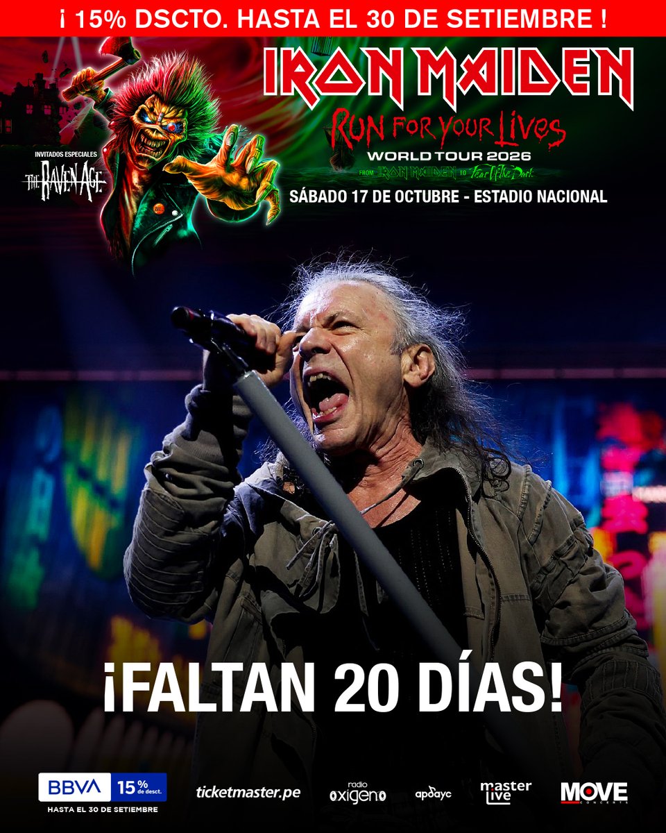 MoveConcertsPE's tweet photo. ¡FALTAN SOLO 20 DÍAS! ¡IRON MAIDEN reventará el Estadio Nacional tocando todos sus clásicos el Sábado 17 de Octubre! 

Consigue tu entrada en https://t.co/ubxpPY5v3A
15% DESCUENTO con Tarjetas BBVA HASTA ESTE 30 DE SETIEMBRE!

Link de compra: https://t.co/3pR8O7X4i8

#IronMaiden https://t.co/ze7jKNNA6s