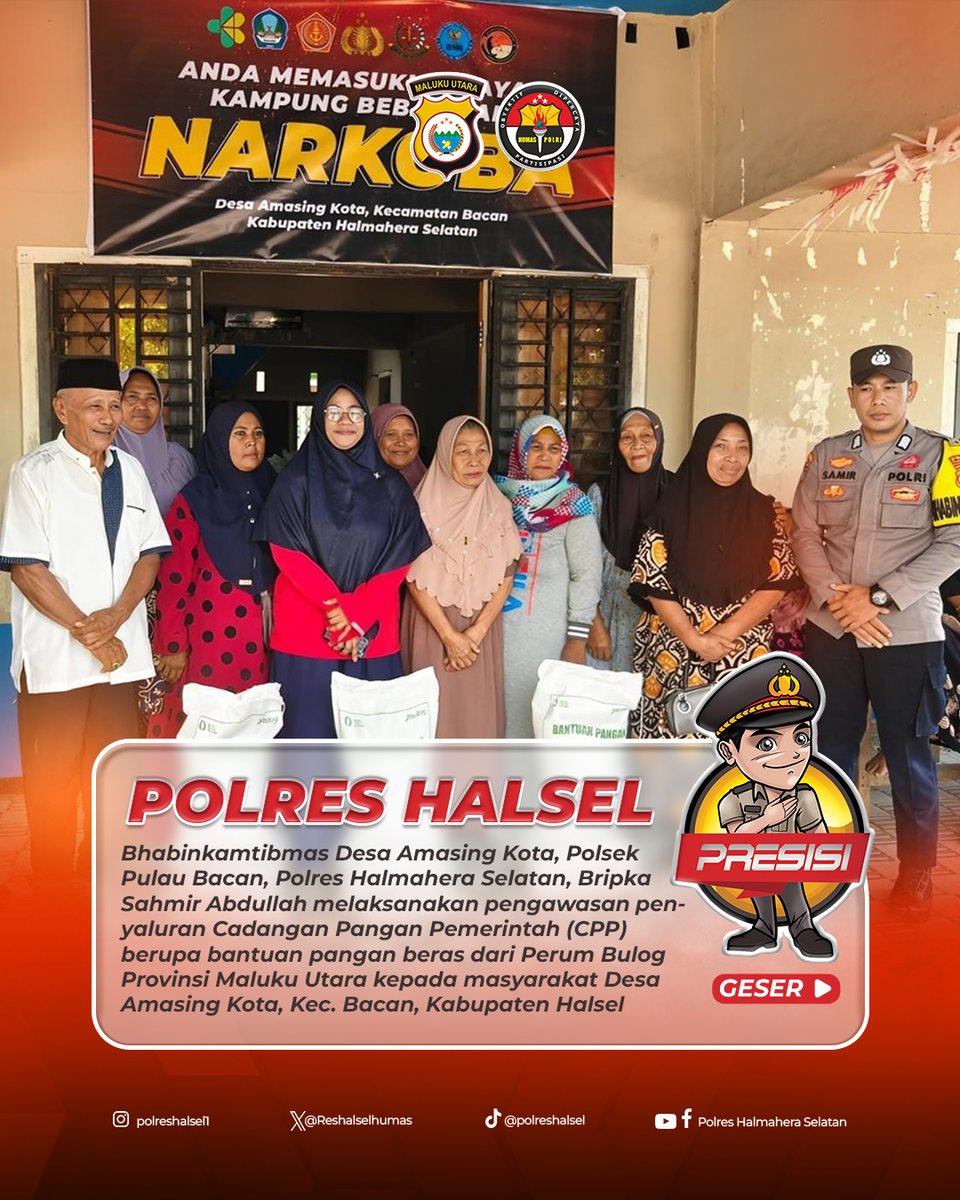 Reshalselhumas's tweet photo. Bhabinkamtibmas Desa Amasing Kota, Polsek Pulau Bacan, Polres Halmahera Selatan, Bripka Sahmir Abdullah melaksanakan pengawasan penyaluran Cadangan Pangan Pemerintah (CPP) berupa bantuan pangan beras dari Perum Bulog Provinsi Maluku Utara kepada masyarakat Desa Amasing Kota, https://t.co/Hrq8fml4Js
