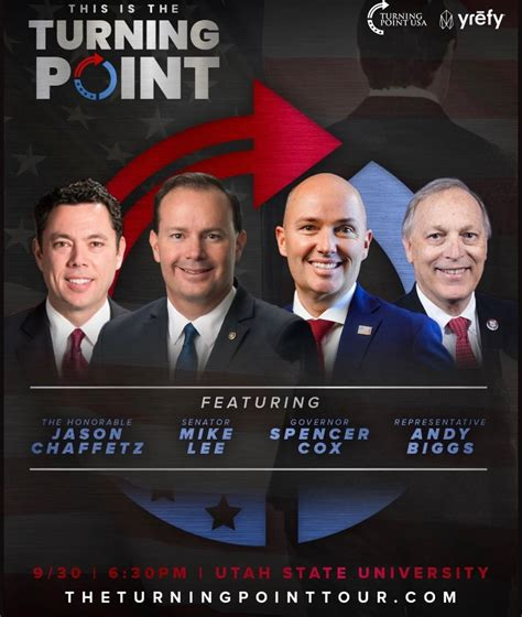 idontgiveadom's tweet photo. The first TPUSA stop back in Utah was announced as Mike Lee, Spencer Cox, Andy Biggs, and Jason Chaffetz. Lee sent a video. Cox, Biggs, and Chaffetz were there, with Tyler Bowyer on the panel.

All five are Latter-day Saints. 

Jason Chaffetz was also at UVU on 9/10, in the crowd with his family. The September 2 memo is reported as Kirk removing Bowyer from his role of TPUSA chief operating officer and within Turning Point Action only.

With Charlie’s 2022 post saying Cox should be expelled from the Republican Party, and a reported push for a DOGE-style review, it is just hard not to notice who they put on the lineup.