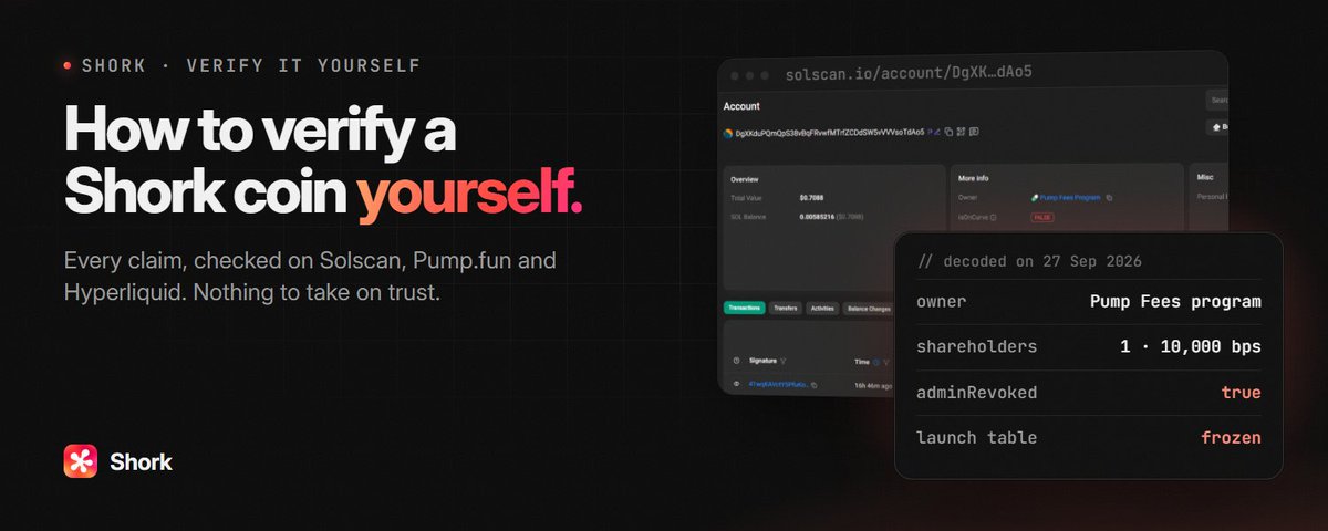 ShorkFun's tweet photo. New article: how to verify a Shork coin yourself.

Six checks with a block explorer: the fee lock on Solscan, the pair on https://t.co/L7CkTlqFD6, the coin's page, the frozen launch table, the red flags on any launchpad, and what you still have to trust.

https://t.co/SS8OkGpOfJ https://t.co/LhC57mHO8k