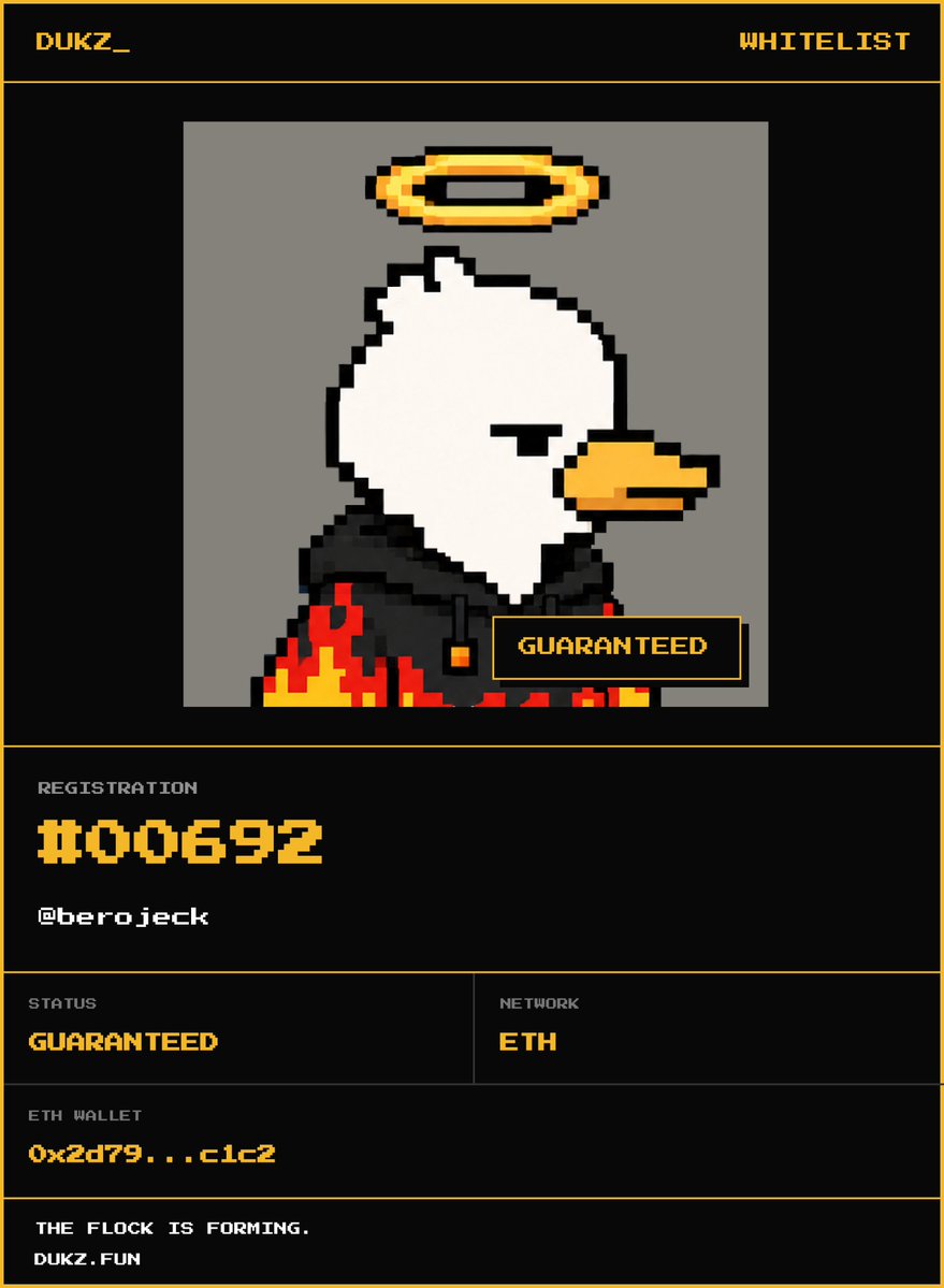 berojeck's tweet photo. @Dukznft  WHITELIST // GUARANTEED 🦆

DUKZ #00692
@berojeck

The flock is forming.

https://t.co/MVbzqCUPH6 https://t.co/1kG7SISKQO