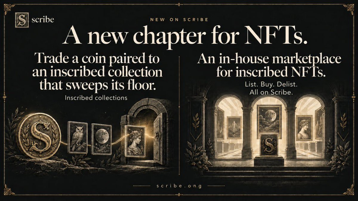 Scribeonsol's tweet photo. https://t.co/QthZRqT8PP now has its own in-house marketplace for inscribed NFTs

Buy. Sell. Delist. All on Scribe. Settled through Tensor's marketplace program.

You can now also launch a coin tied to an inscribed collection that sweeps its floor

Everything stays in-house https://t.co/R8BZPAOv4x