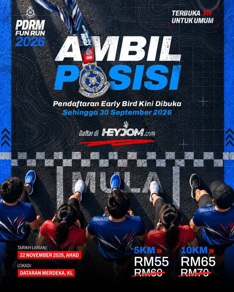PDRMsia's tweet photo. HEBAHAN: DAFTAR SEGERA "EARLY BIRD" PDRM FUN RUN 2026! 💙👟

Bacaan lanjut menerusi pautan seperti berikut,

https://t.co/o3t4sL3WkB https://t.co/qcnr7Hfd8x